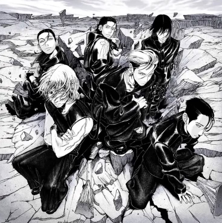 Five manga characters in dark clothing gathered on cracked rocky ground in a dark manga scene that feels tense and dramatic